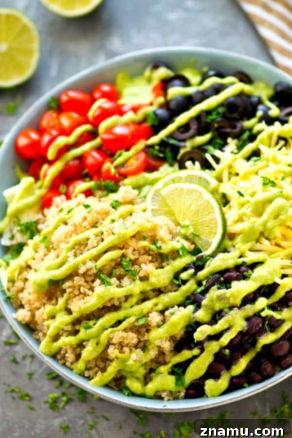Vibrant Fiesta Quinoa Salad with Zesty Avocado Lime 5 Packed with tons of Mexican-style goodness and drizzled with a creamy avocado lime dressing, this colorful quinoa salad is so easy and so dang good, it will quickly become a dinner regular!