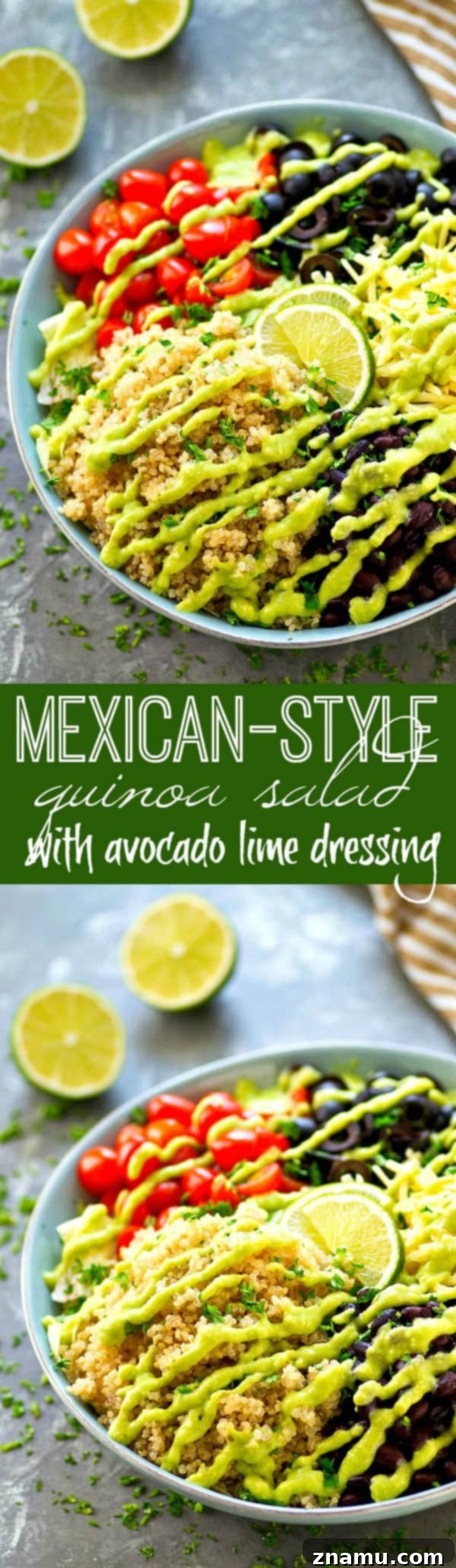 Vibrant Fiesta Quinoa Salad with Zesty Avocado Lime 6 Packed with tons of Mexican-style goodness and drizzled with a creamy avocado lime dressing, this colorful quinoa salad is so easy and so dang good, it will quickly become a dinner regular!