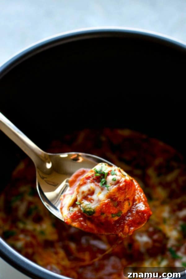 Cheesy Instant Pot Chicken Parmesan Meatballs 2 Delicious Instant Pot Chicken Parmesan Meatballs served over spaghetti with melted cheese and fresh parsley garnish.