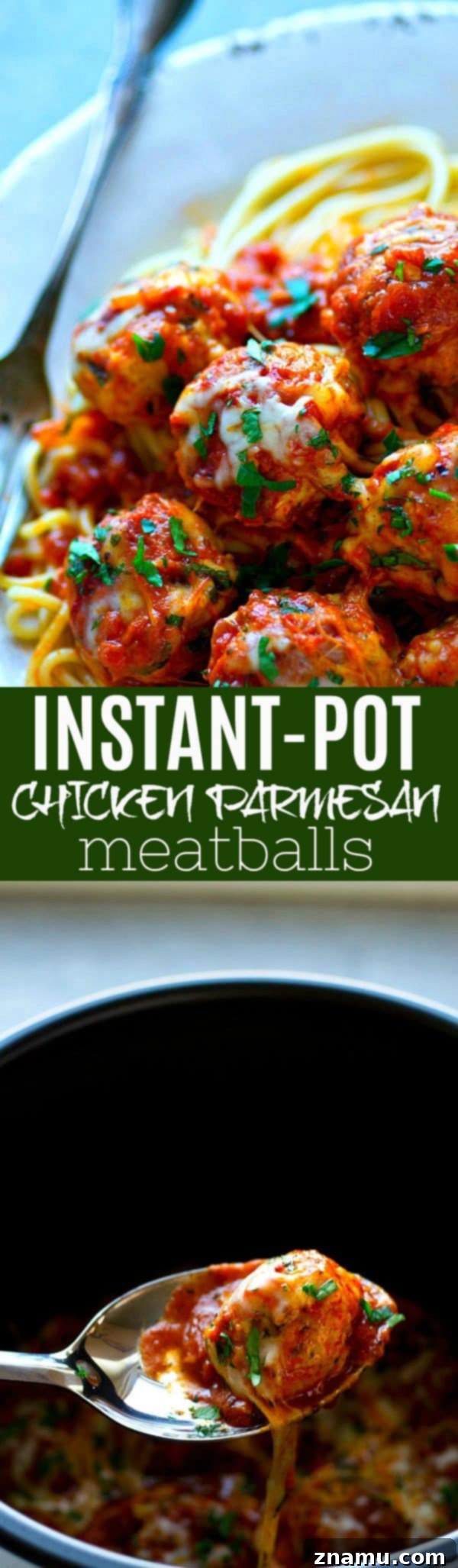 Cheesy Instant Pot Chicken Parmesan Meatballs 6 An enticing shot of melted cheese stretching from an Instant Pot Chicken Parmesan Meatball, highlighting its gooey texture.