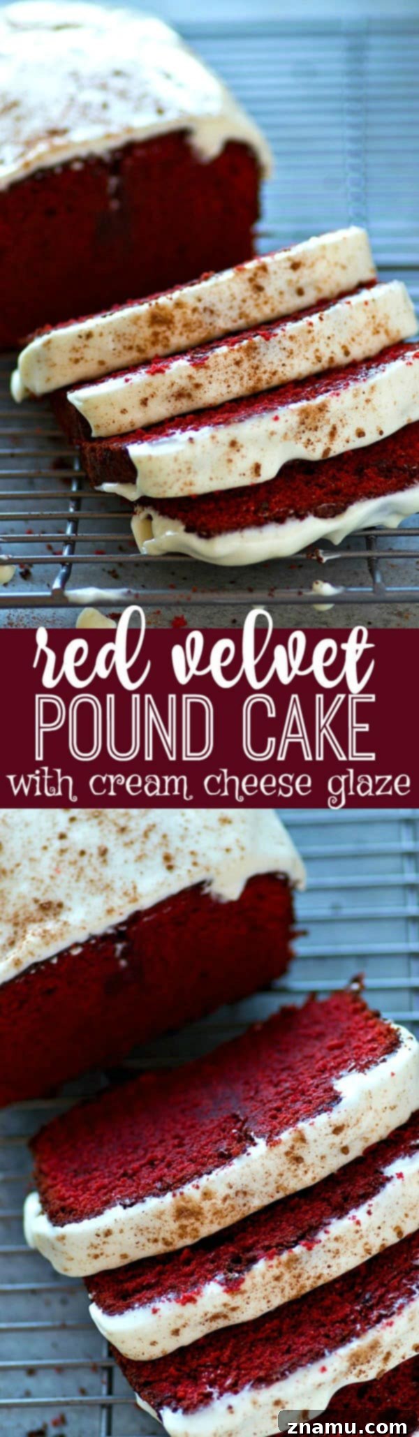 Soft, buttery red velvet pound cake covered in a tangy cream cheese glaze is a breeze to throw together and it's an insanely impressive dessert for any of your loved ones!