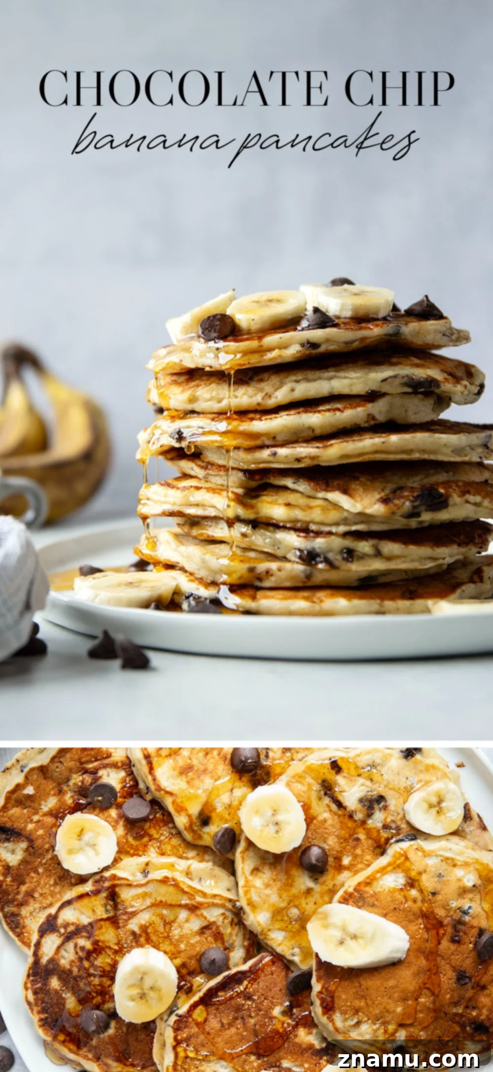 Fluffy Chocolate Banana Bliss 7 Loaded with gooey chocolate chips and lots of banana, these chocolate chip banana pancakes are thick, fluffy, and the ultimate breakfast treat!