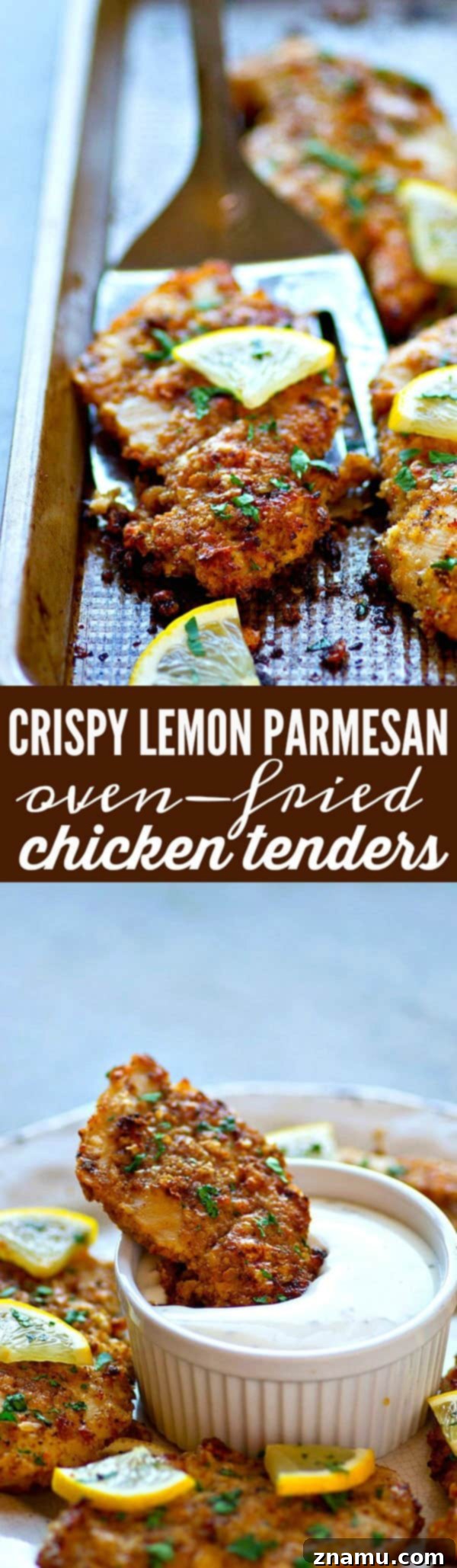 Golden-Crisp Lemon Parmesan Oven-Fried Chicken Tenders 6 Close-up of a stack of golden-brown lemon Parmesan chicken tenders, garnished with fresh herbs.