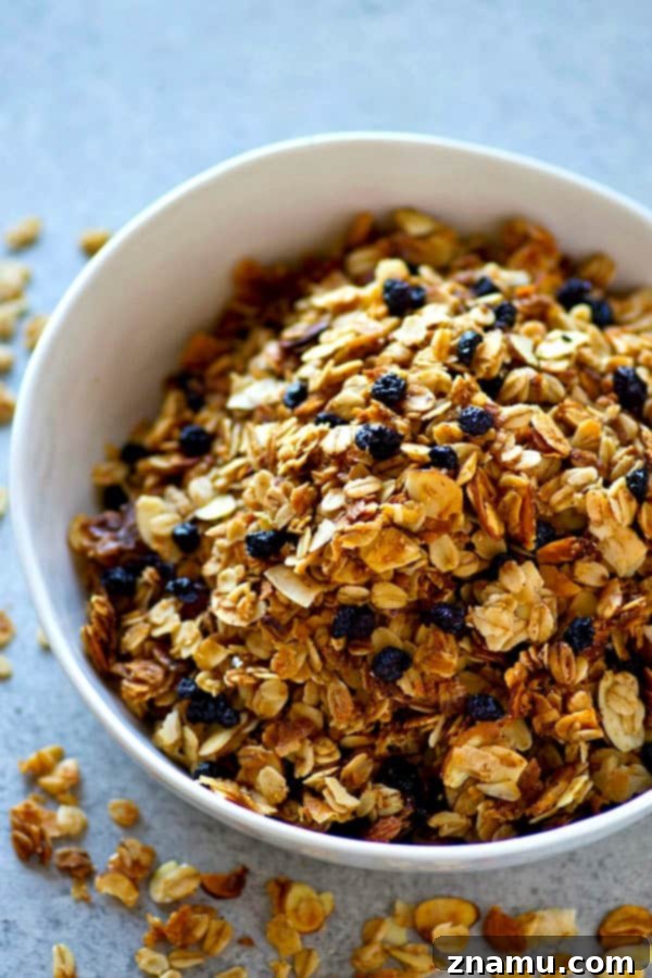 Huge clusters and tons of dried blueberries star in this INSANELY addicting blueberry muffin almond granola.---It's amazing with greek yogurt or just by the handful!