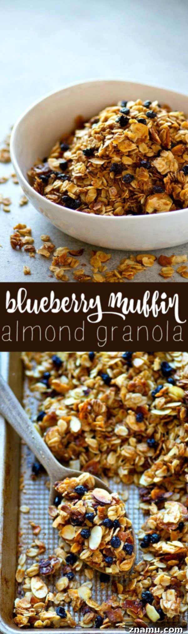 Huge clusters and tons of dried blueberries star in this INSANE addicting blueberry muffin almond granola.---It's amazing with greek yogurt or just by the handful!