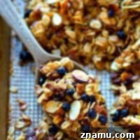 Huge clusters and tons of dried blueberries star in this INSANELY addicting blueberry muffin almond granola.---It's amazing with greek yogurt or just by the handful!