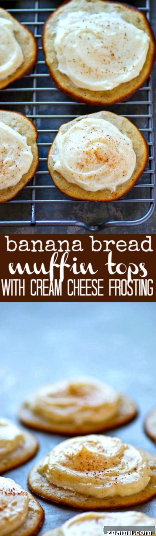 Irresistible Banana Bread Muffin Tops with Cream Cheese Frosting 6 A large pile of banana bread muffin tops with cream cheese frosting, ready to serve