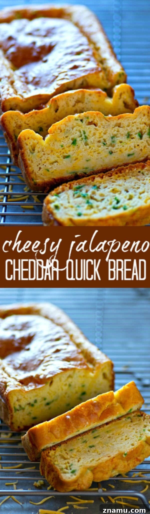 Zesty Cheddar Jalapeno Quick Loaf 6 An overhead shot showcasing a full loaf of Cheesy Jalapeño Cheddar Quick Bread, sliced and ready to be enjoyed, with a focus on its appealing crust.