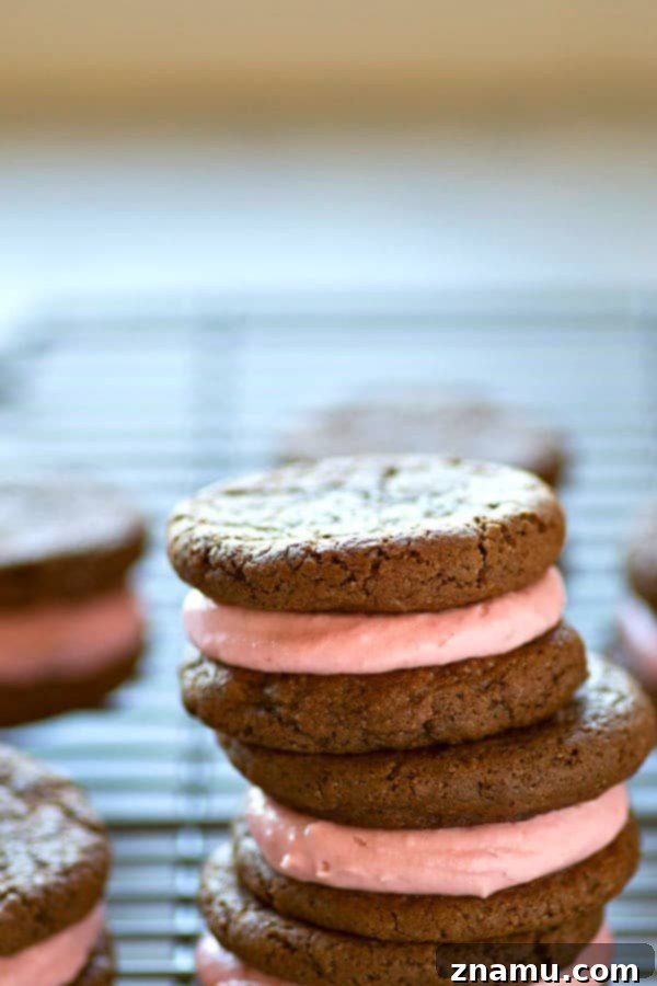 Raspberry Cheesecake Stuffed Chocolate Cookies 3 A stack of raspberry cheesecake chocolate sandwich cookies showing off their generous pink filling, invitingly presented.