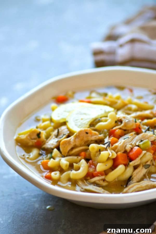 Instant Pot Zesty Lemon Rosemary Chicken Noodle Soup 2 Hearty Instant Pot Lemon Rosemary Chicken Noodle Soup in a bowl