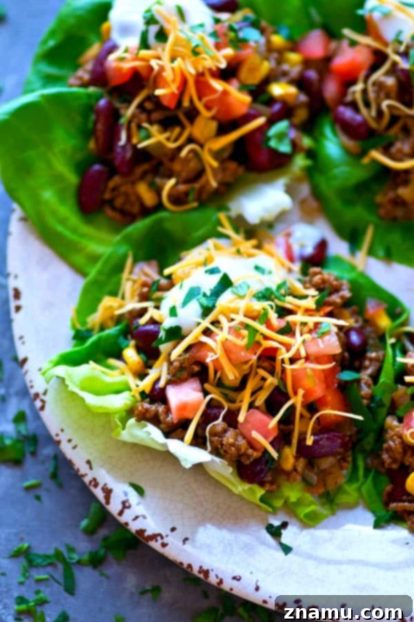 Bold Beef Taco Lettuce Bundles 3 Close-up of a hand holding a fresh, vibrant Spicy Beef Taco Lettuce Wrap, filled with seasoned ground beef, corn, and beans, topped with cheese and sour cream.