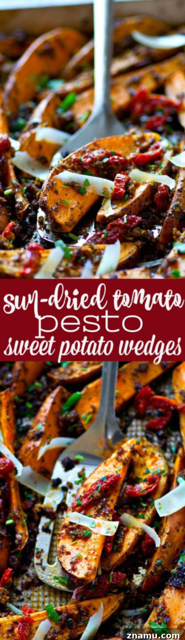 Tangy Pesto Roasted Sweet Potato Wedges 6 A close-up, tempting shot of a single sun-dried tomato pesto sweet potato wedge, showcasing its crispy texture and rich coating.