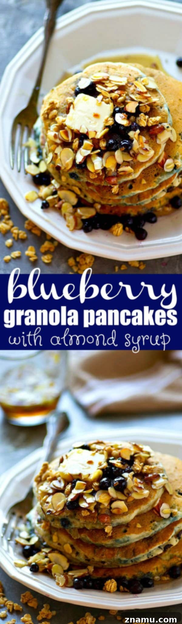 Golden Blueberry Granola Stacks, Drizzled with Almond Syrup 6 Overhead view of blueberry granola pancakes with almond syrup and fresh fruit