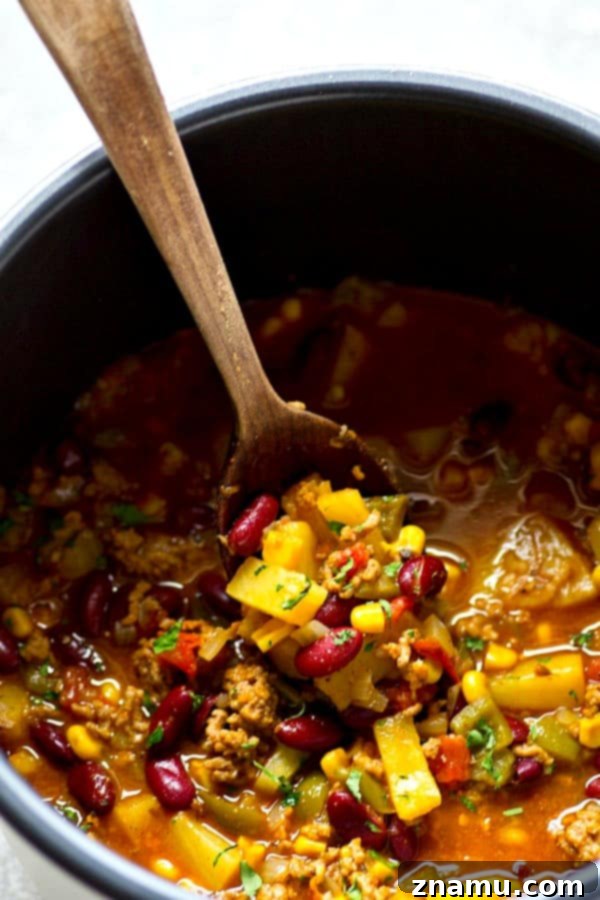 Tropical Twist Instant Pot Beef Chili 3 Close-up of the rich, thick texture of Instant Pot Pineapple Beef Chili, showing chunks of beef and pineapple.
