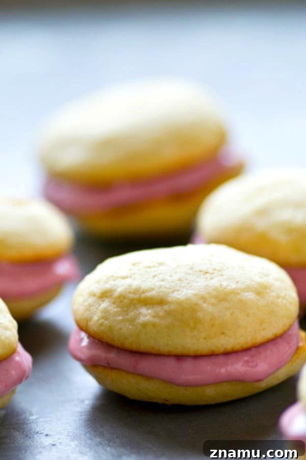 Vanilla Raspberry Cheesecake Whoopie Dreams 3 Close-up of a vanilla whoopie pie with a rich raspberry cream cheese center