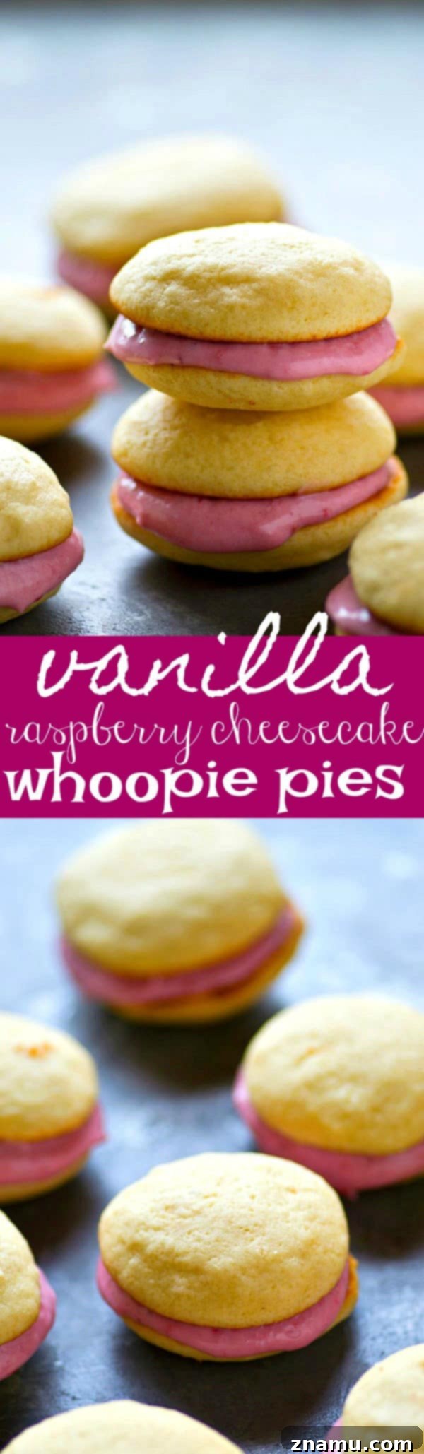 Vanilla Raspberry Cheesecake Whoopie Dreams 6 Several beautiful vanilla raspberry whoopie pies arranged on a white plate