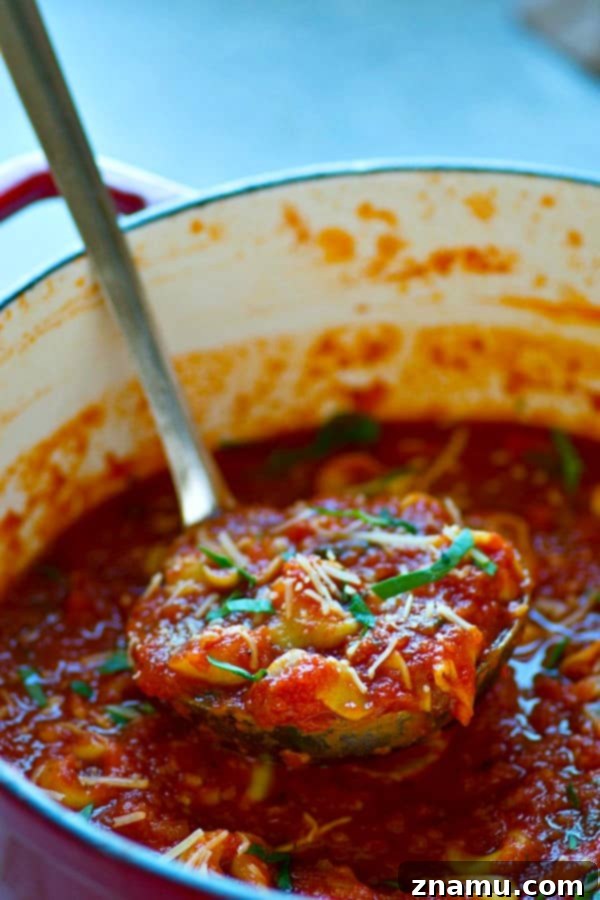 Velvety Tomato Basil Tortellini Soup with Fresh Basil 3 Close-up of creamy tortellini basil tomato soup, showcasing the fresh basil and tender tortellini.