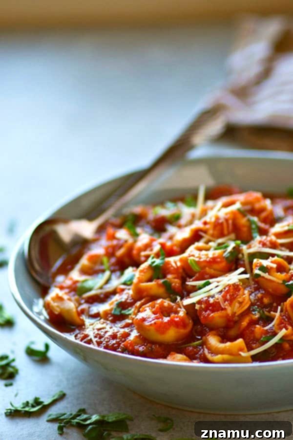 Velvety Tomato Basil Tortellini Soup with Fresh Basil 4 A bowl of creamy tortellini basil tomato soup ready to be served, garnished with fresh basil.