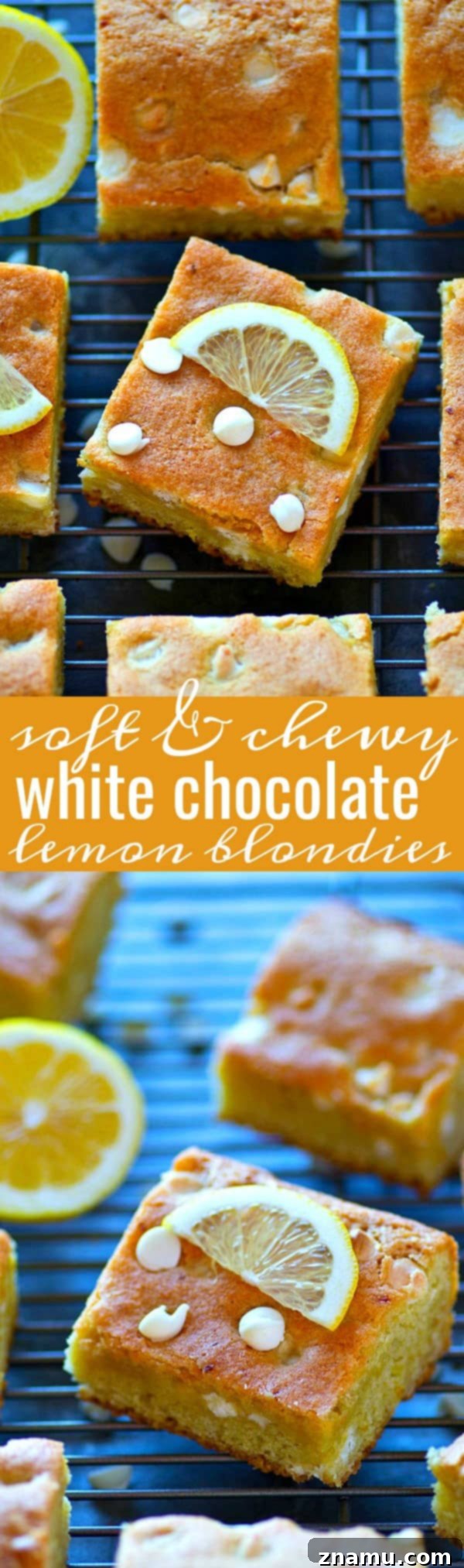 A serving of White Chocolate Lemon Blondies on a white plate, ready to be enjoyed.