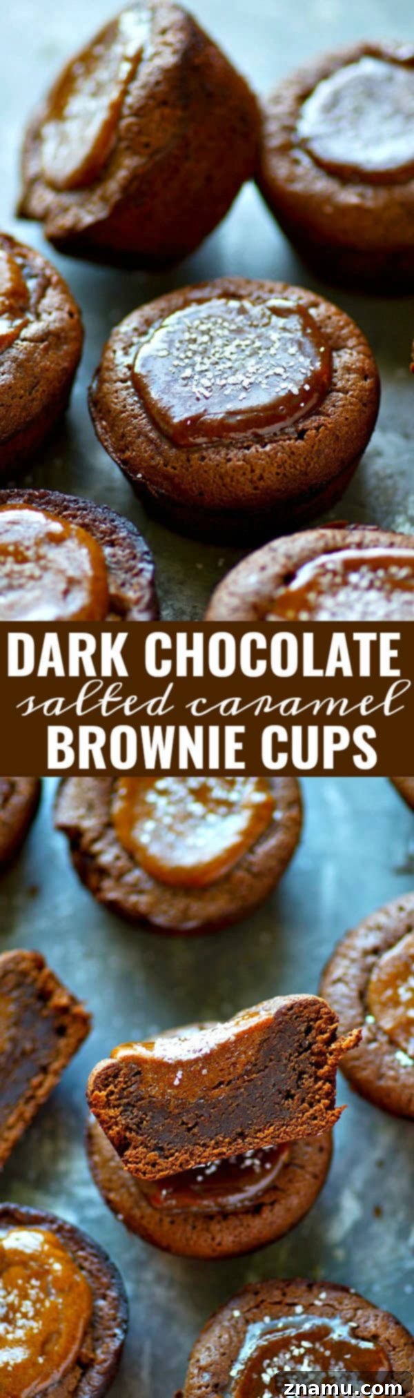 A serving of rich dark chocolate salted caramel brownie cups, a perfect dessert for any occasion.