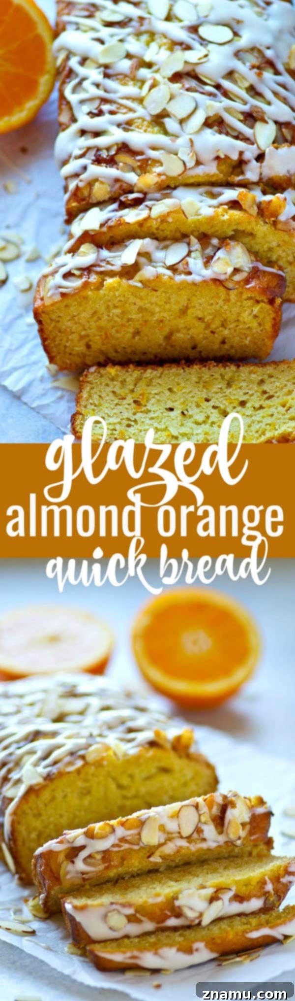 Zesty Orange Almond Glaze Loaf 6 A top-down shot of a slice of Glazed Almond Orange Quick Bread, highlighting the rich texture and the delightful mix of orange and almond.
