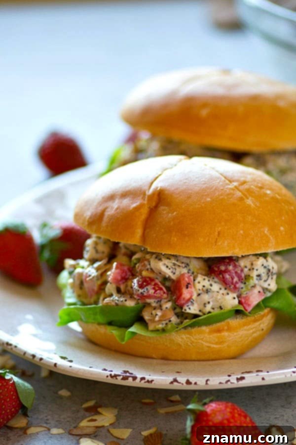 Toasted Almond Poppyseed Chicken Salad with Sweet Strawberries 5 Juicy strawberries and crunchy almonds and poppyseeds make for the BEST trio in this gorgeous and incredibly easy strawberry almond poppyseed chicken salad! Perfect for any spring gathering.