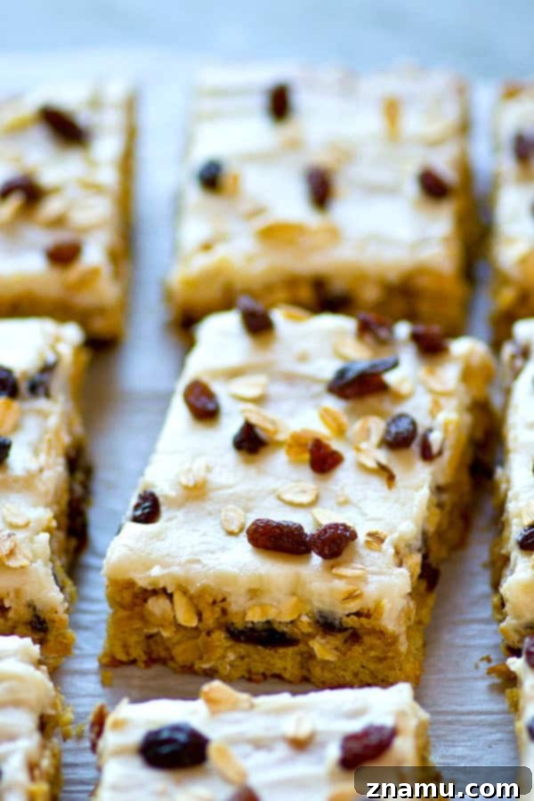 Frosted Oatmeal Raisin Morning Bars 2 Delicious frosted oatmeal raisin breakfast bars, perfectly golden and ready to be frosted
