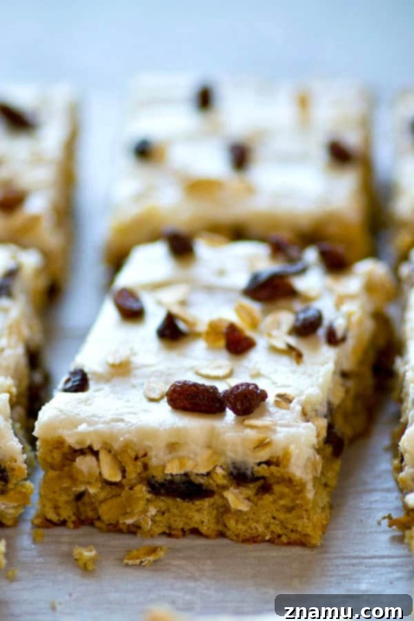 Frosted Oatmeal Raisin Morning Bars 4 A freshly baked batch of oatmeal raisin breakfast bars cooling on a rack, awaiting their frosting