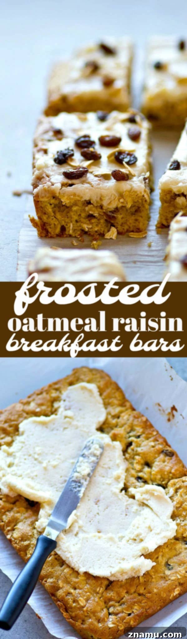 Frosted Oatmeal Raisin Morning Bars 6 A beautifully arranged platter of frosted oatmeal raisin breakfast bars, cut and ready to serve