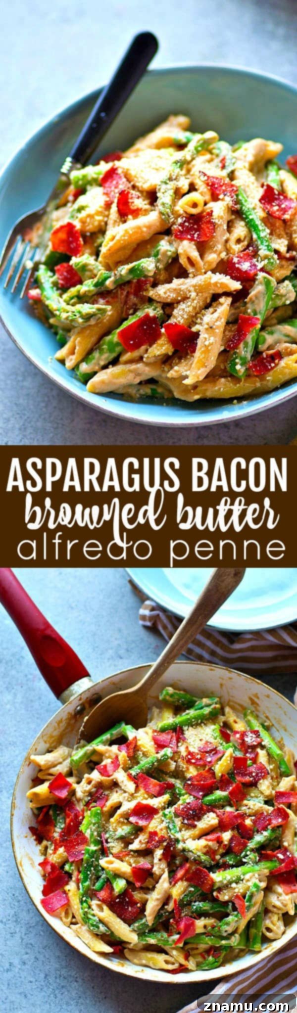 Serving bowl filled with Asparagus Bacon Browned Butter Alfredo Penne
