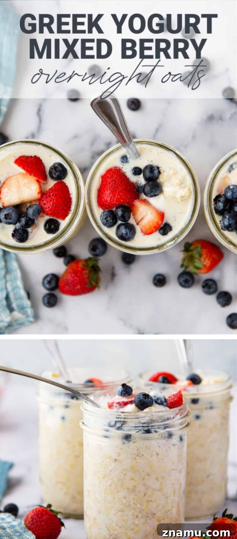 Creamy Berry Greek Yogurt Overnight Oats 7 Perfectly soft, creamy and topped with juicy mixed berries, these Greek yogurt mixed berry overnight oats take 5 minutes to throw together the night before and are a perfect morning boost!