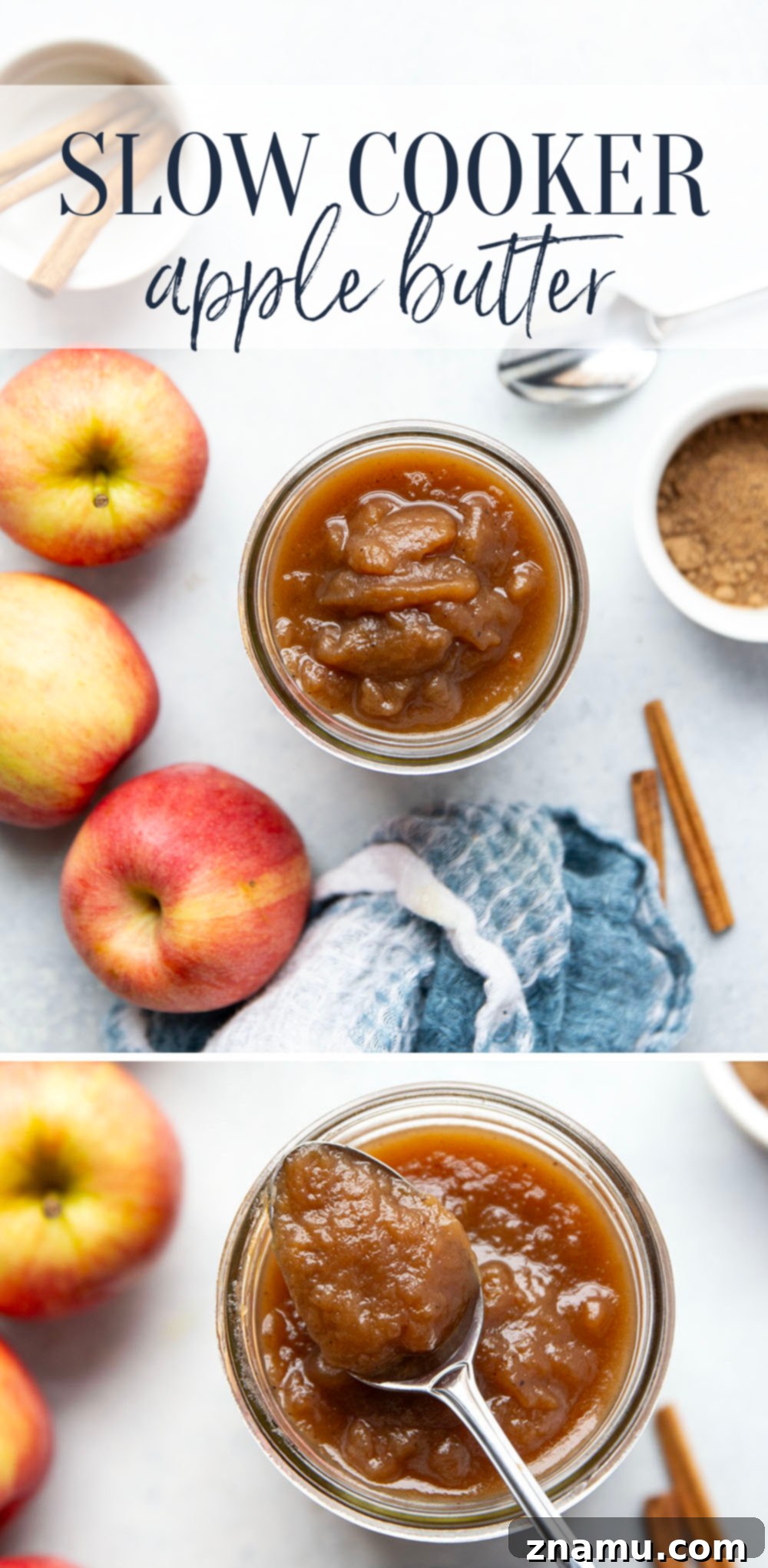 Homemade Slow Cooker Apple Butter 7 A vibrant flat lay of a full breakfast spread featuring a bowl of slow cooker apple butter, toast, pancakes, and fresh fruit, highlighting its versatility.