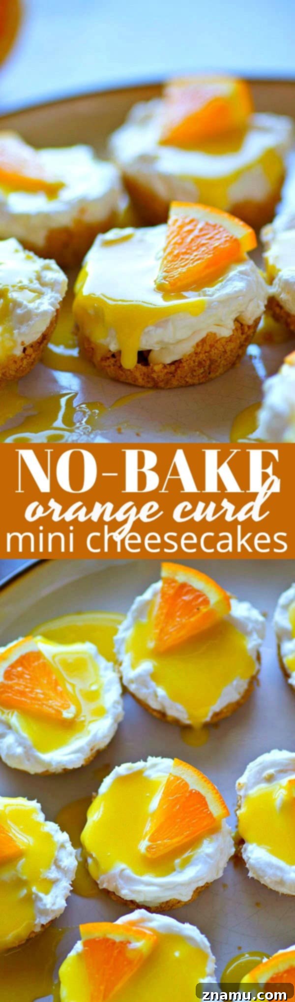 Tangy Orange No-Bake Cheesecake Bites 6 These creamy orange curd mini cheesecakes are completely no-bake and can be prepped within minutes! A tangy homemade orange curd on top makes them irresistible.