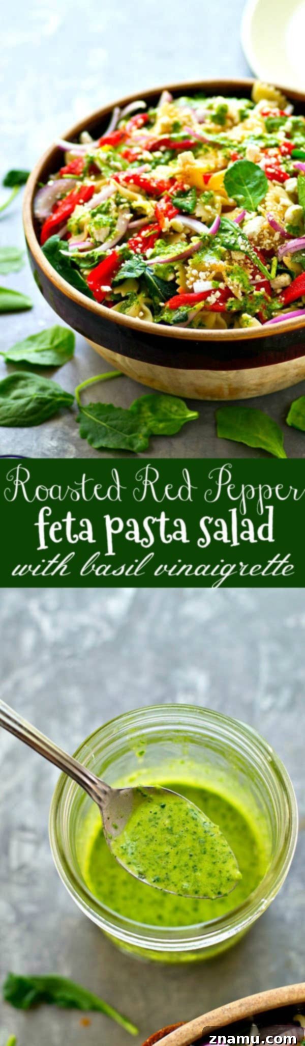Mediterranean Roasted Red Pepper Feta Pasta Salad with Basil Vinaigrette 6 Overhead shot of a full plate of Roasted Red Pepper Feta Pasta Salad, close-up with a fork about to pick up a mouthful