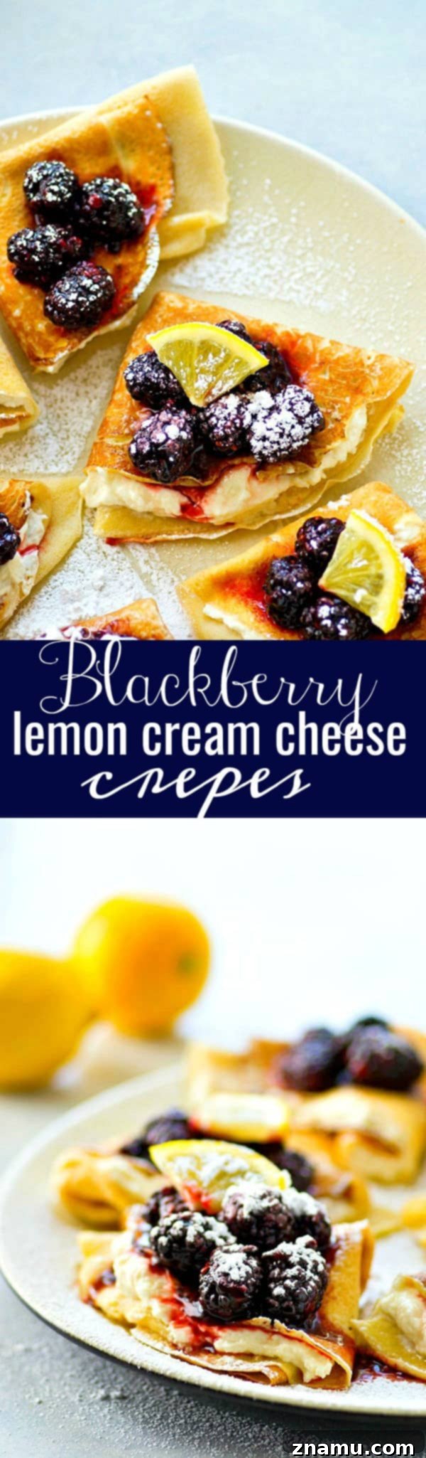 Artistically plated Blackberry Lemon Cream Cheese Crepes with a close-up on the filling and sauce, garnished with mint