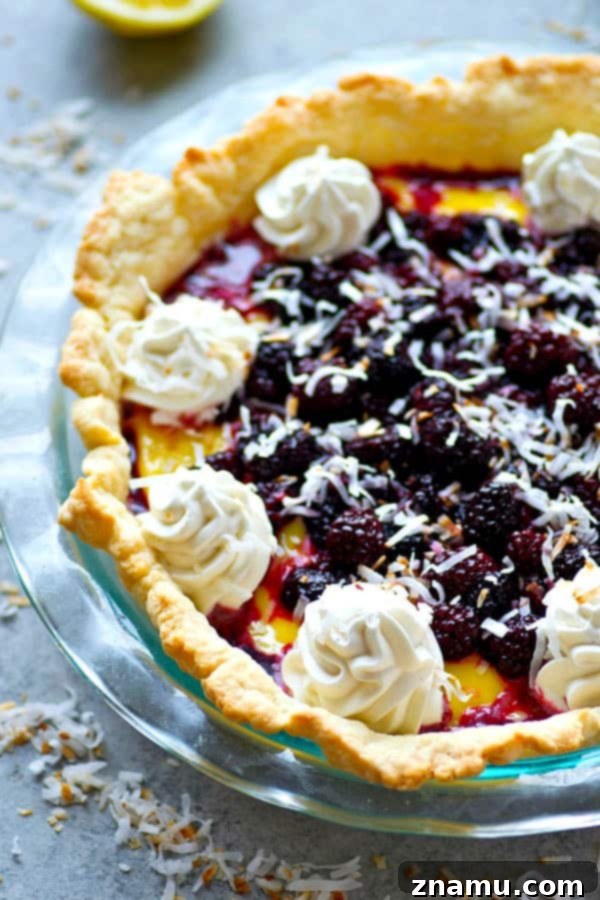 Close-up of the beautifully layered blackberry lemon curd coconut cream pie