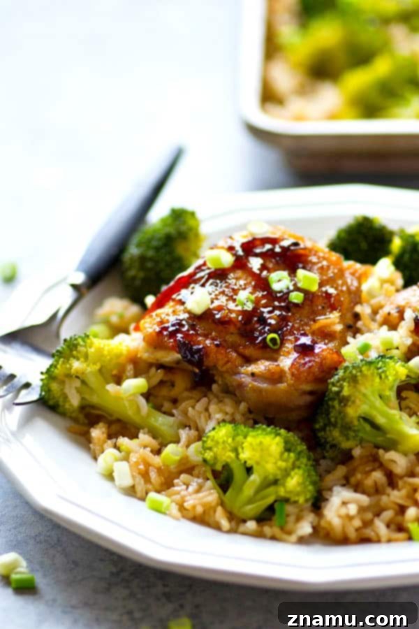 One-Pan Orange Chicken with Rice and Broccoli 5 Serve this incredible sheet pan orange chicken with rice and broccoli hot, garnished generously with fresh sliced green onions for an extra pop of color and a mild oniony zest.
