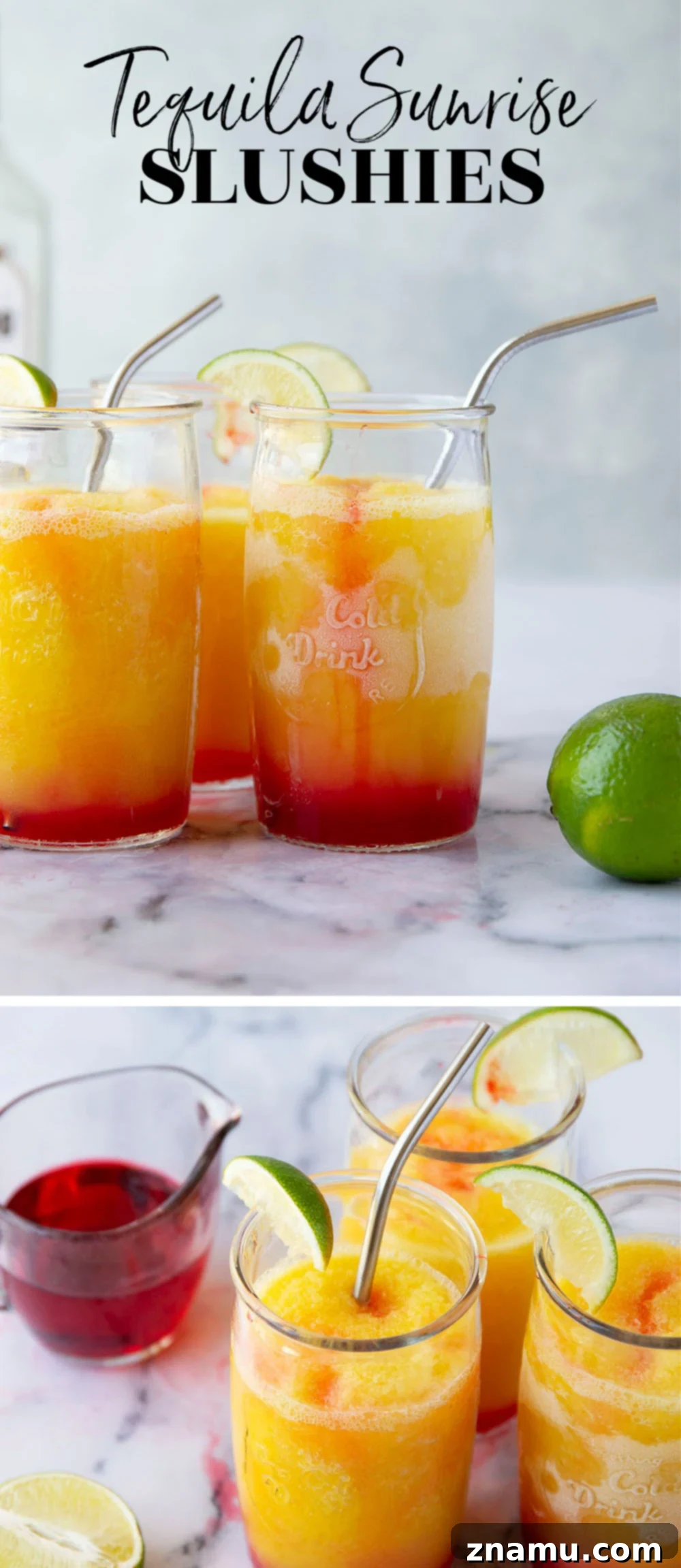 Spiked Sunrise Slush 7 These tequila sunrise slushies are a frozen twist off of the classic cocktail and they're SO easy to blend up!