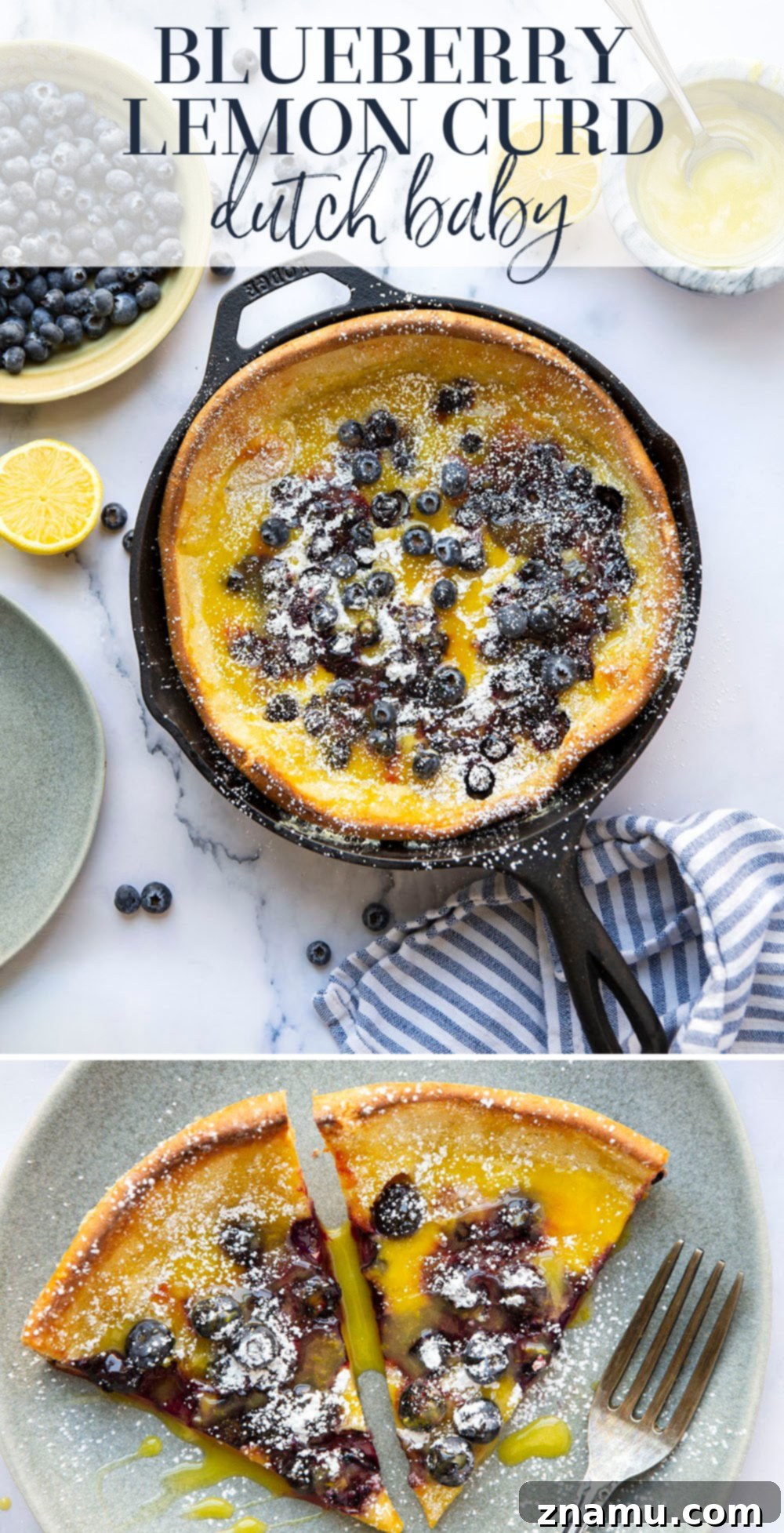 This blueberry lemon curd dutch baby combines juicy blueberries and tangy homemade lemon curd all piled into a big, flaky skillet dutch baby. Easy to make and a brunch favorite!