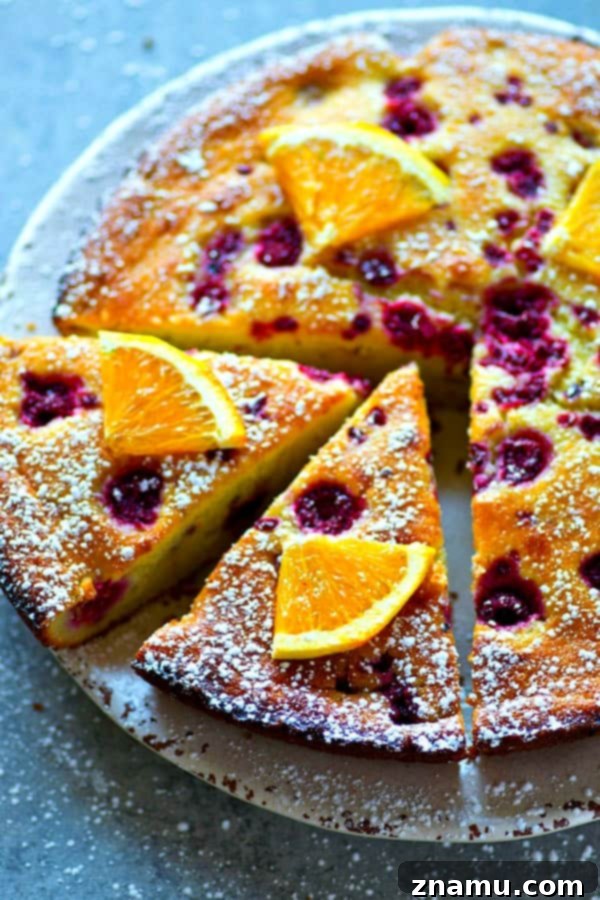 Orange Blossom Raspberry Ricotta Dream 5 A generous slice of Raspberry Orange Ricotta Cake on a plate, garnished with a single fresh raspberry and a sprig of mint, ready to be enjoyed.