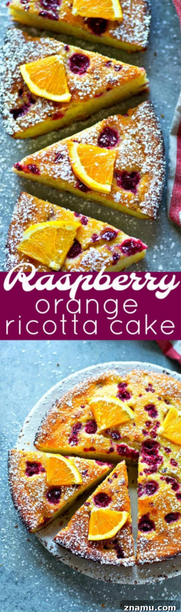 Orange Blossom Raspberry Ricotta Dream 6 An overhead shot of a freshly baked Raspberry Orange Ricotta Cake, featuring a perfectly golden crust and beautifully scattered raspberries on top, ready for slicing.