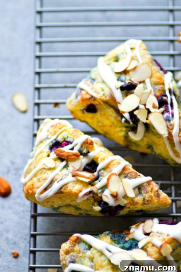 Creamy Blueberry Almond Scones 2 Flaky Blueberries 'n' Cream Almond Scones drizzled with vanilla glaze, on a white plate