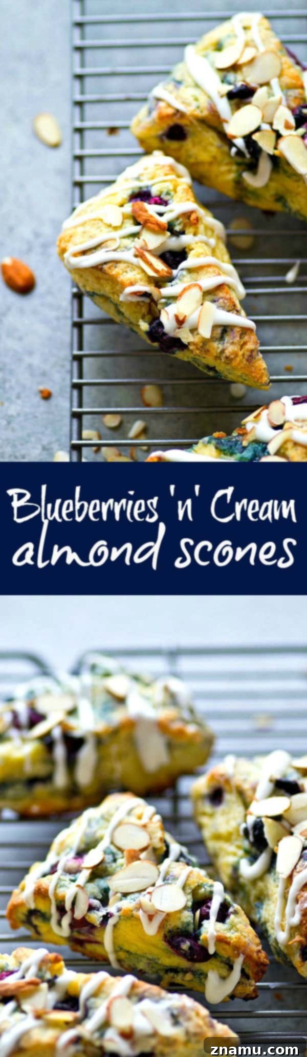 Creamy Blueberry Almond Scones 6 A stack of golden-brown Blueberry Almond Scones with a generous vanilla glaze and toasted almonds
