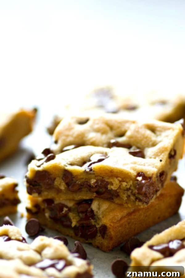 Gooey Coconut Oil Chocolate Chip Bars 4 A freshly baked pan of soft coconut oil chocolate chip cookie bars, perfectly golden and ready to be sliced.
