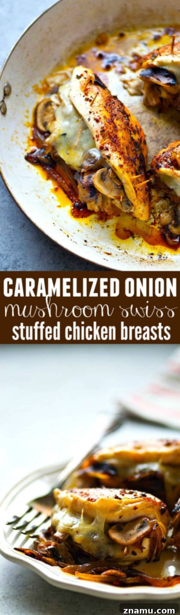Golden Onion, Mushroom, and Swiss Stuffed Chicken Breasts 6 Stuffed with flavorful caramelized onions, mushrooms and gooey swiss cheese, these stuffed chicken breasts are WAY easier than they look and the perfect way to up your chicken game!