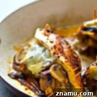 Golden Onion, Mushroom, and Swiss Stuffed Chicken Breasts 7 Stuffed with flavorful caramelized onions, mushrooms and gooey swiss cheese, these stuffed chicken breasts are WAY easier than they look and the perfect way to up your chicken game!