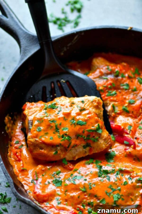 Vibrant Red Pepper Alfredo Salmon 5 Pan-Seared Salmon with Roasted Red Pepper Alfredo Sauce served over rice