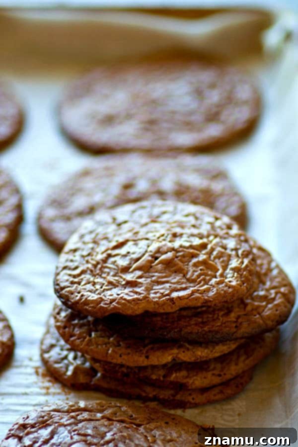 Fudgy Crinkle Brownie Cookies 4 A freshly baked crackle-top brownie cookie cooling on a wire rack