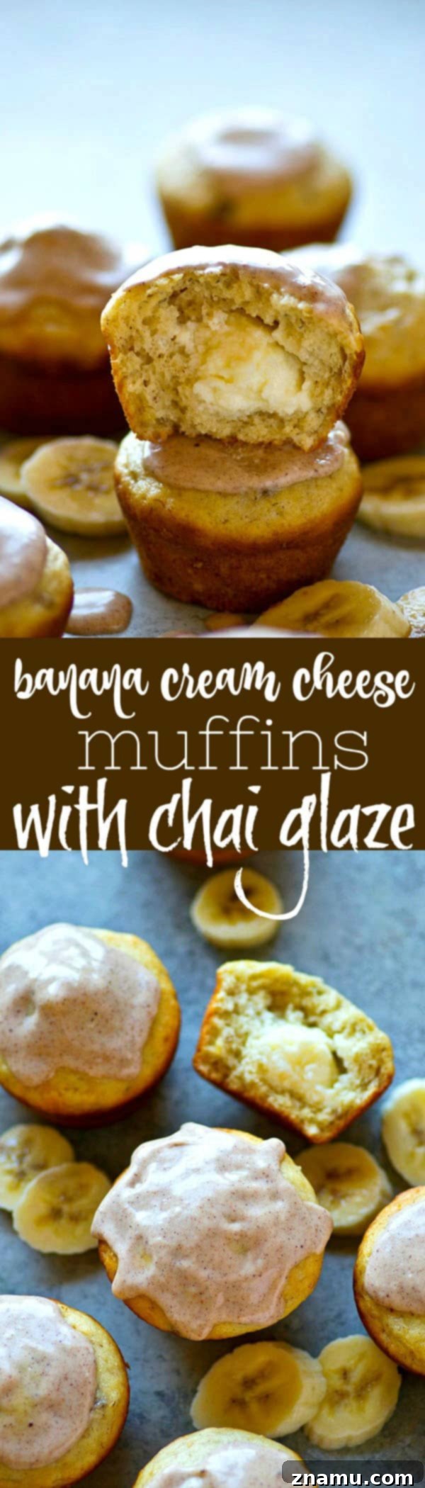 Comforting Banana Cream Cheese Muffins with Spiced Chai Glaze 6 Several freshly baked banana cream cheese muffins with chai glaze arranged on a wire rack.
