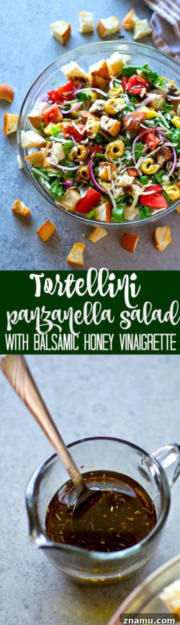 Honey Balsamic Tortellini Panzanella 6 Cheese-filled tortellini and toasty french bread cubes star in this INSANELY-loaded tortellini panzanella salad! Drizzle it all with a balsamic vinaigrette and you've just found your favorite salad.